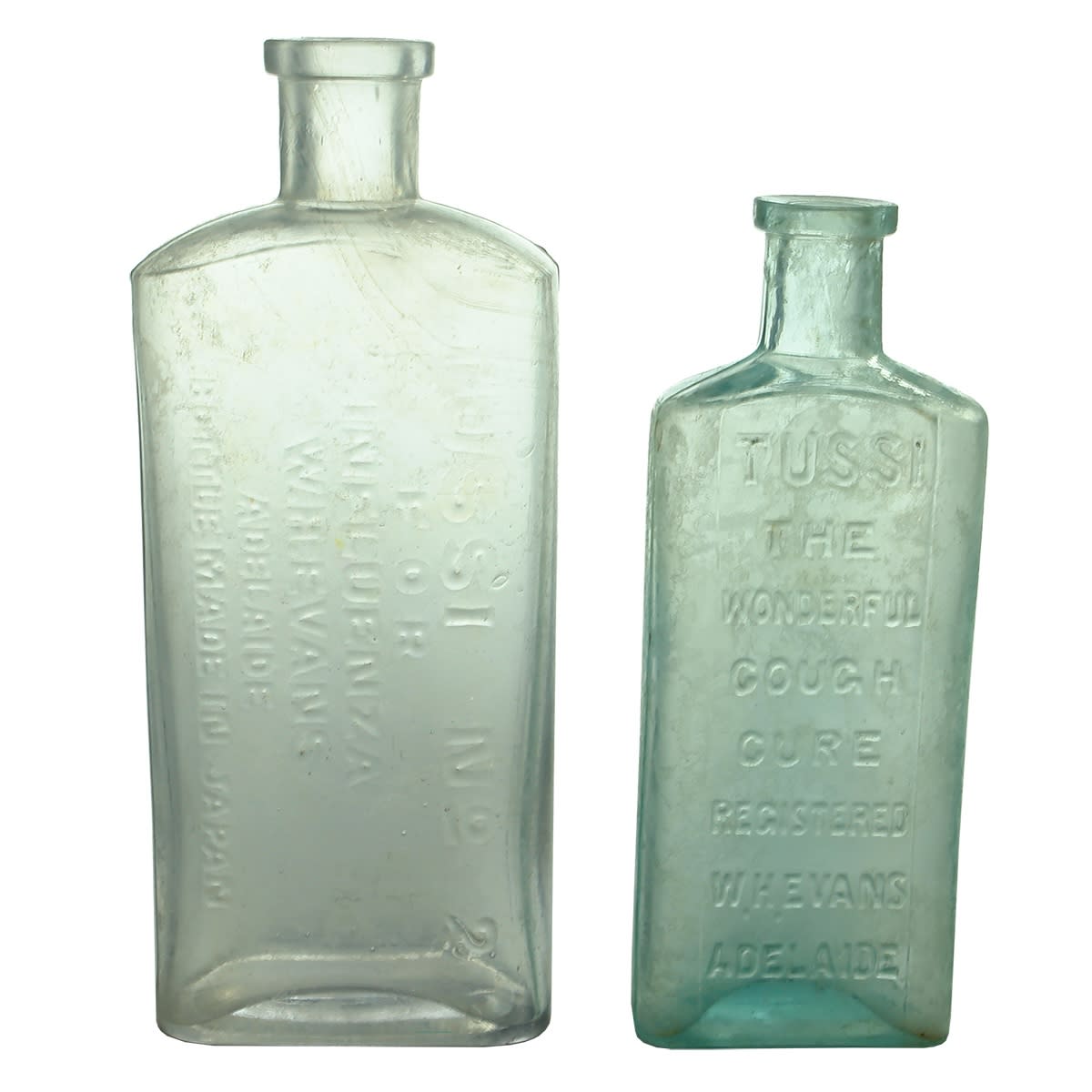 2 Cures: Tussi No 2 for Influenza, W. H. Evans Adelaide, Bottle Made in Japan. 155 mm; Tussi, The Wonderful Cough Cure, W. H. Evans. (131 mm). (South Australia)