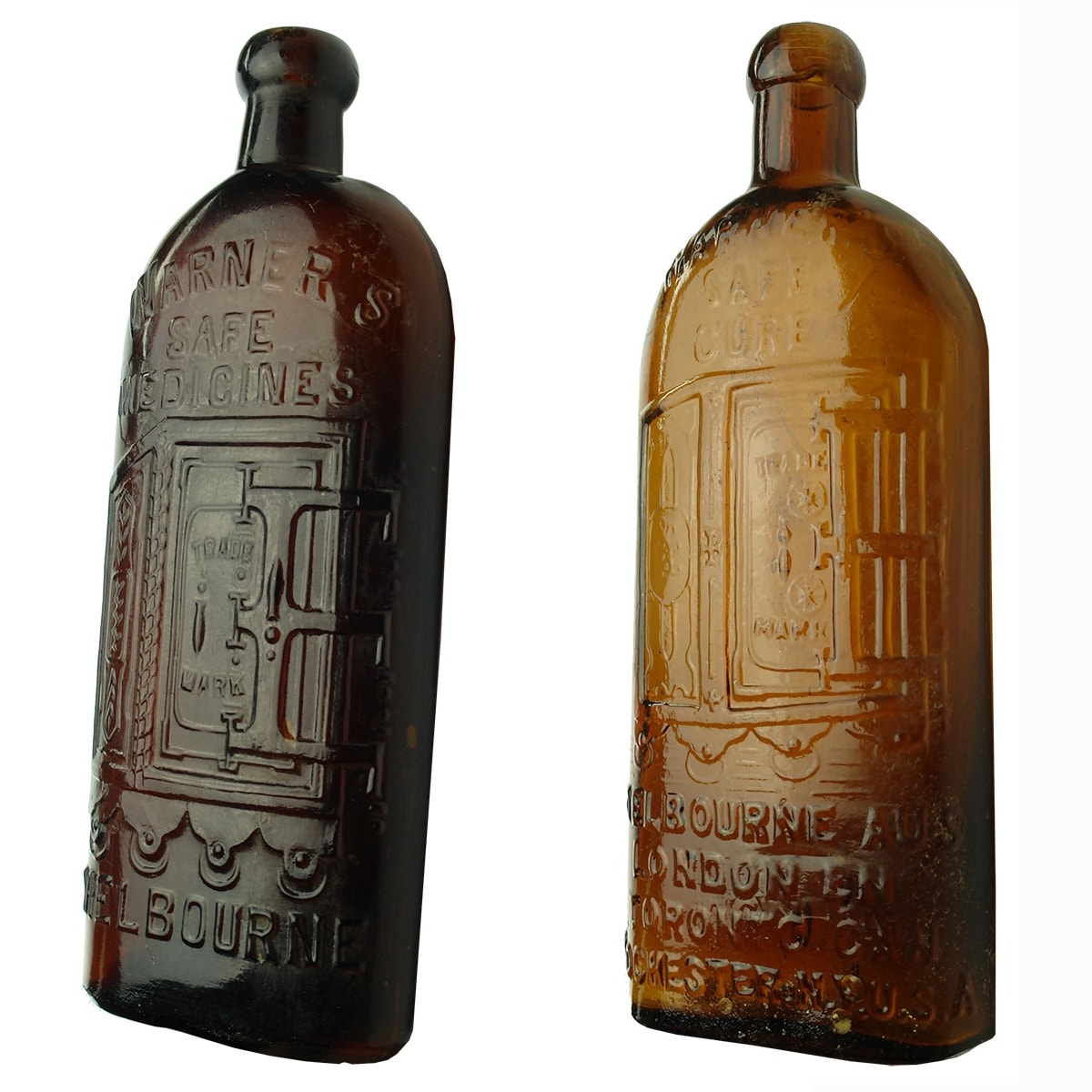 2 Warners Safe Cure Bottles: Warner's Safe Medicines, Melbourne; Warner's Safe Cure, Melbourne, London, Toronto, Rochester. Four Cities.
