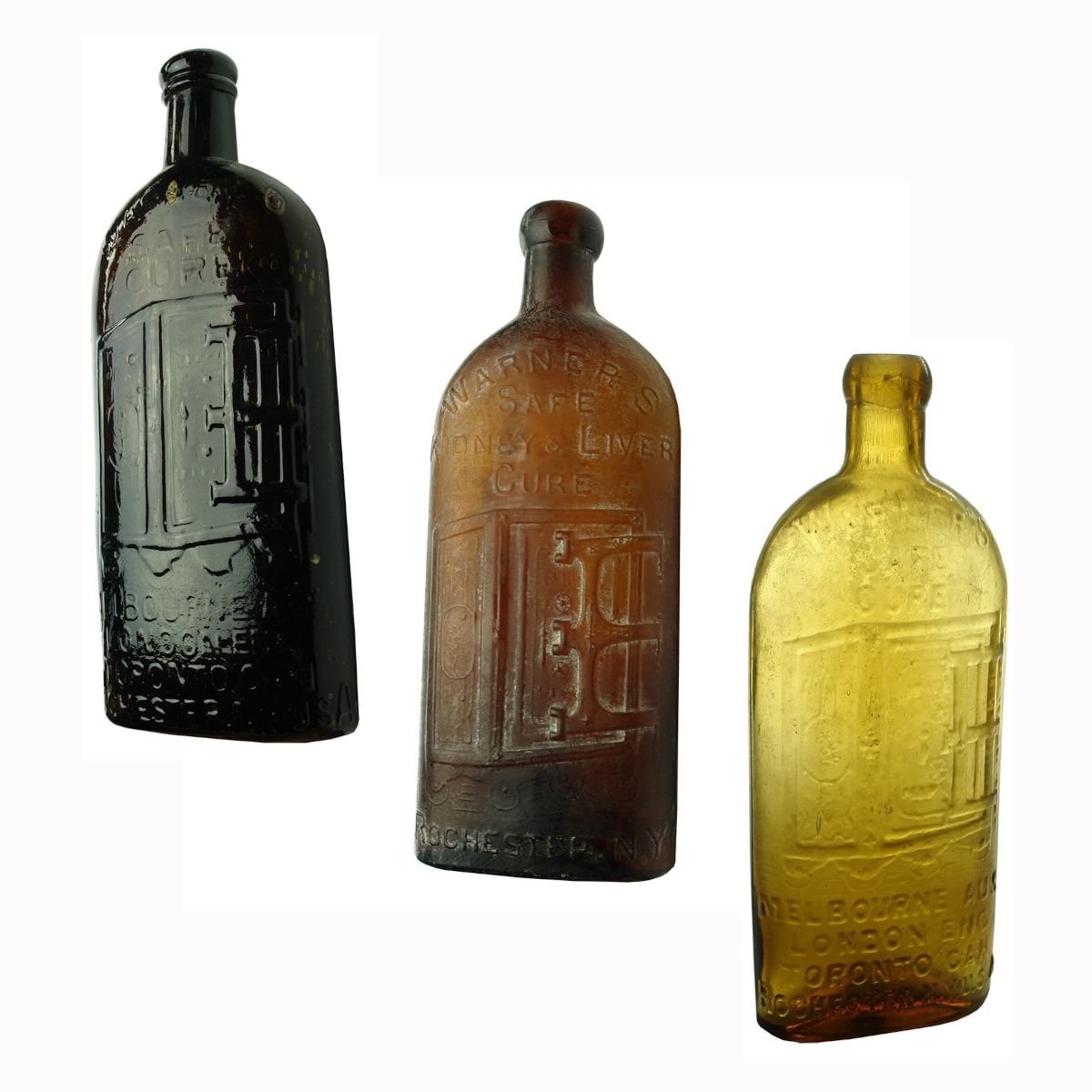 3 Warners: 2 different Warner's Safe Cure, Four Cities; Warner's Safe Kidney & Liver Cure, Rochester.