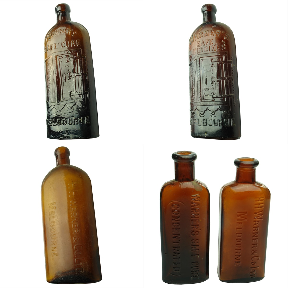 5 Warners Melbourne bottles: Warner's Safe Cure; Warner's Safe Medicines; H. H. Warner & Co Ltd in large & small sizes; Warner's Safe Cure Concentrated.