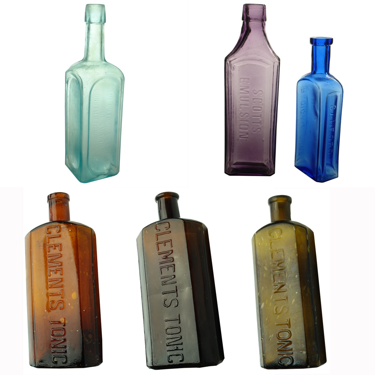 6 Cure Bottles: Cuticura, Weeks & Potter, Boston; Scott's Emulsion; Sanford's Radical Cure; 3 different Clements Tonics.