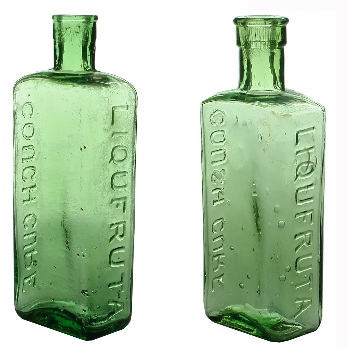Pair of Cures. 2 sizes of Liqufruta Cough Cure, Lime Green. About 12 & 4 oz. 189 & 136 mm.