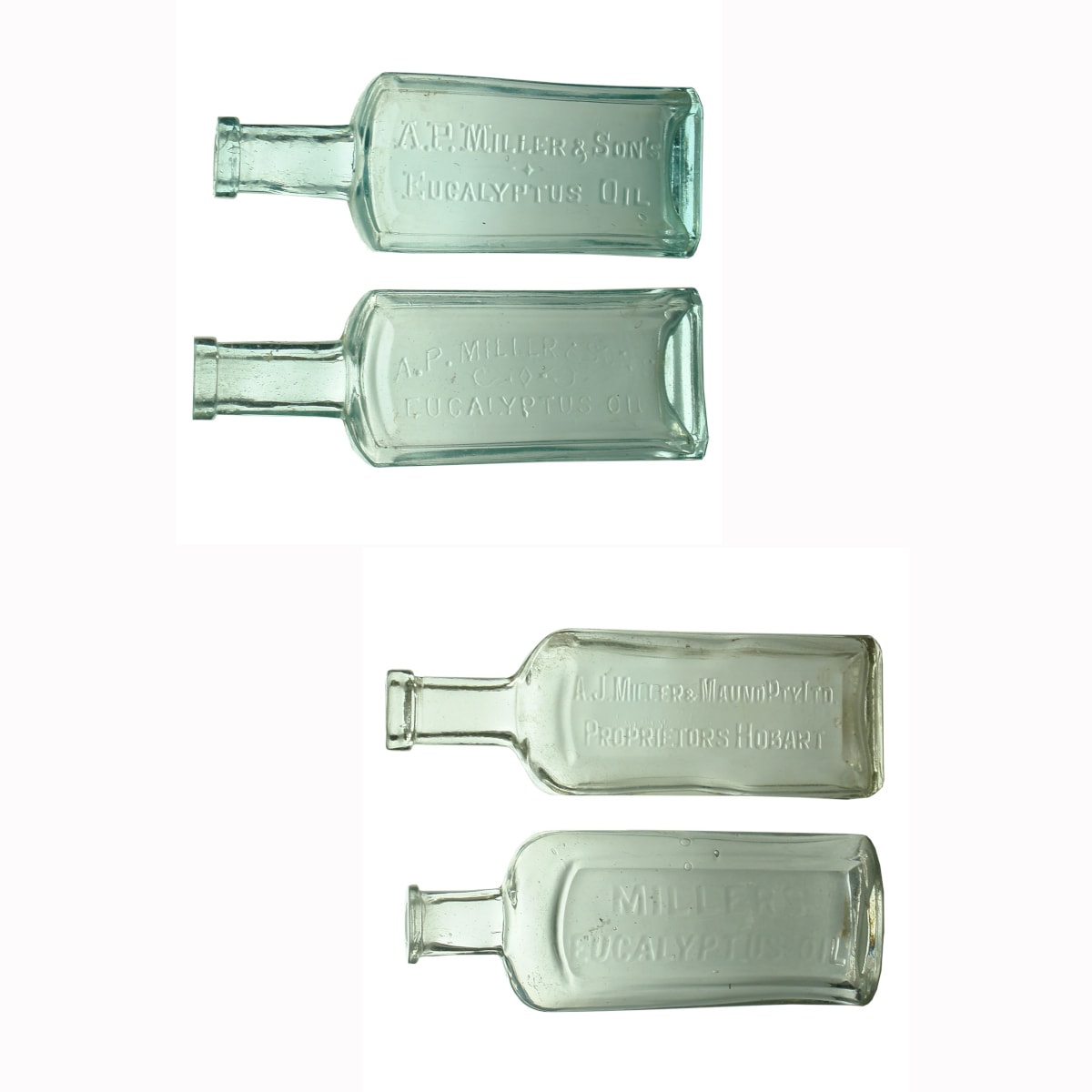 4 Millers Eucalyptus Oils: 2 x different A. P. Miller & Sons; A. J. Miller & Maund Pty Ltd Hobart; Miller's Eucalyptus Oil in a flint glass like bottle. (Tasmania)