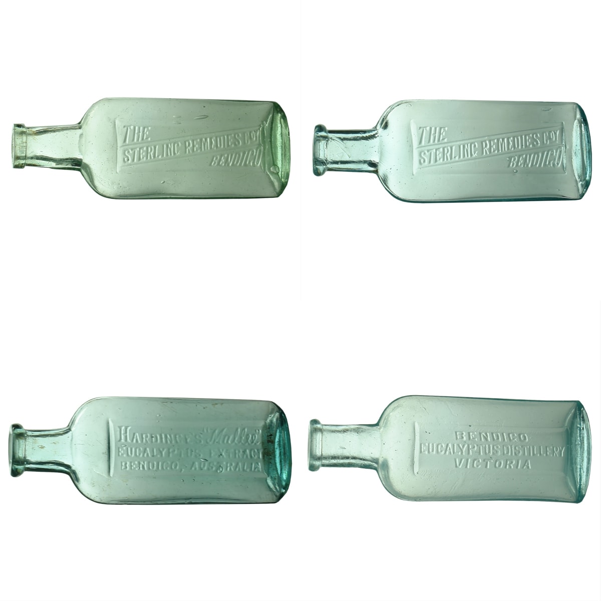4 Bendigo Eucalyptus Bottles: 2 x variations of Sterling Remedies Co; Hardinge's Mallee; Bendigo Eucalyptus Distillery. (Victoria)