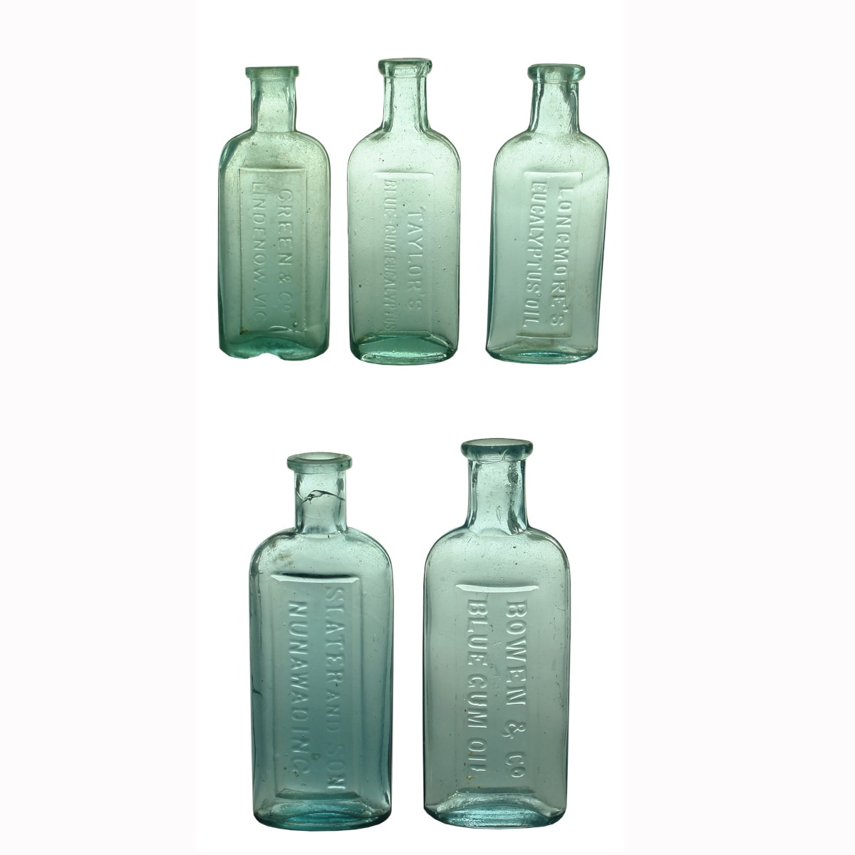 5 Eucalyptus Oils: Green & Co. Lindenow; Bowen & Co Blue Gum Oil; Taylor's Blue-Gum Eucalyptus; Longmore's; Slater and Son, Nunawading. (Victoria)