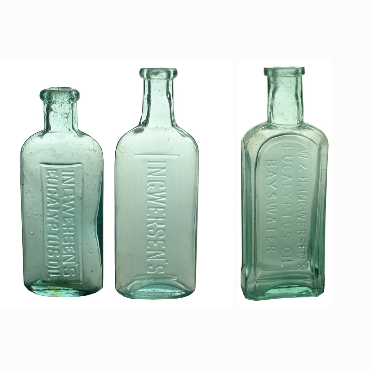 3 different Ingwersens Eucalyptus Oil Bottles. Includes W. & H. Ingwersen's Bayswater. (Victoria)
