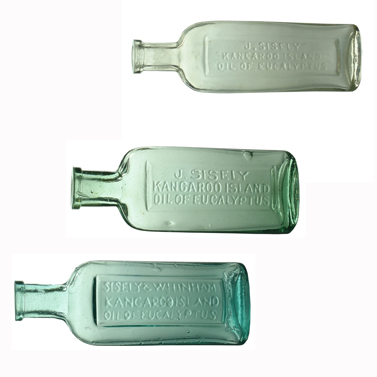 3 Eucalyptus Oil Bottles: Clear 1 oz J. Sisely, Kangaroo Island; Aqua 2 oz J. Sisely; Aqua 2 oz Sisely & Whinham, Kangaroo Island. (South Australia)