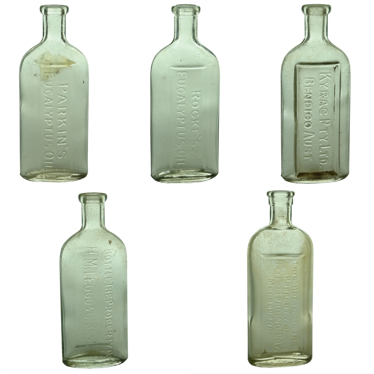 5 Eucalyptus Oil type bottles: Parkin's; Rocke's; Kyrac Pty Ltd; H. M. Leggo & Co Bendigo; Rayes Trading Coy, Melbourne.