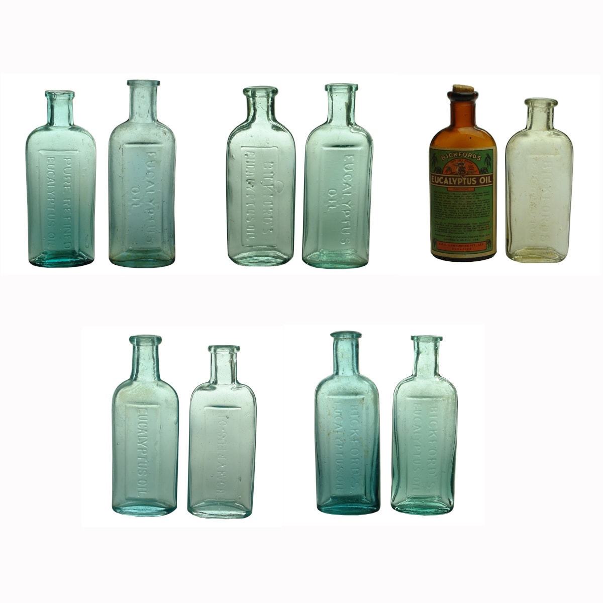 10 Eucalyptus Oil Bottles: 5 x Bickfords and 5 x different generic embossed types
