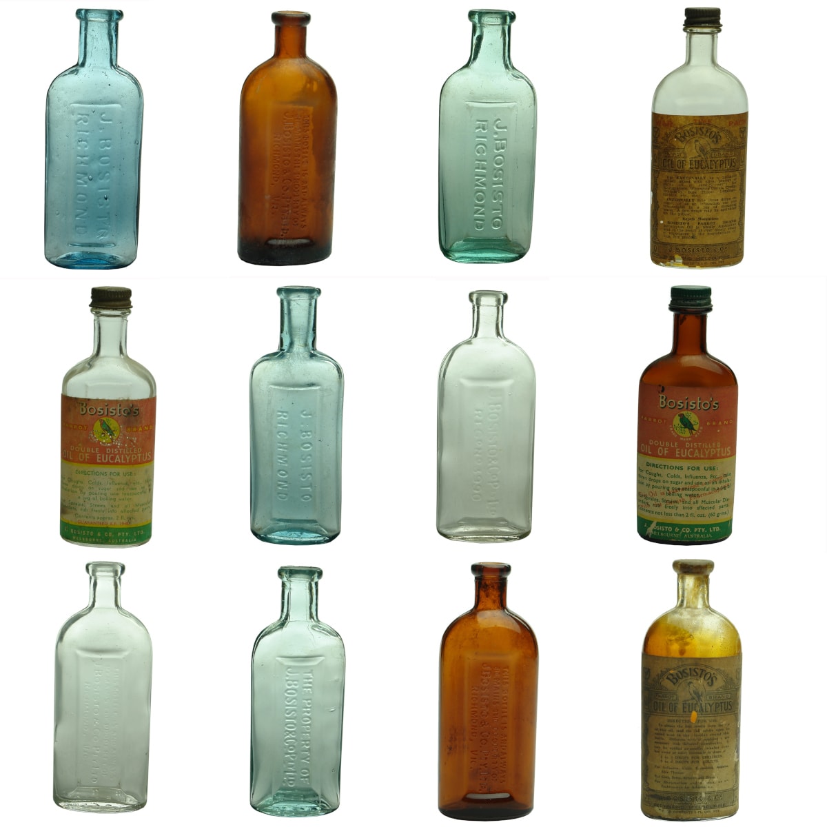12 J. Bosisto Eucalyptus Oil Bottles. Labelled ones, earlier types through to screw top machine made. Nice Ice blue one. Amber. Aqua. Clear. 2 oz.