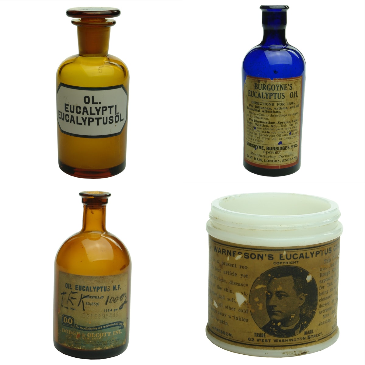 4 Eucalyptus Jars & bottles: Eucalyptusol amber pharmacy jar, enamel print; Burgoynes Eucalyptus, cobalt blue bottle, labelled; Dodge & Olcott New York labelled bottle; Warnesson's Eucalyptus Cold Cream Chicago labelled jar.