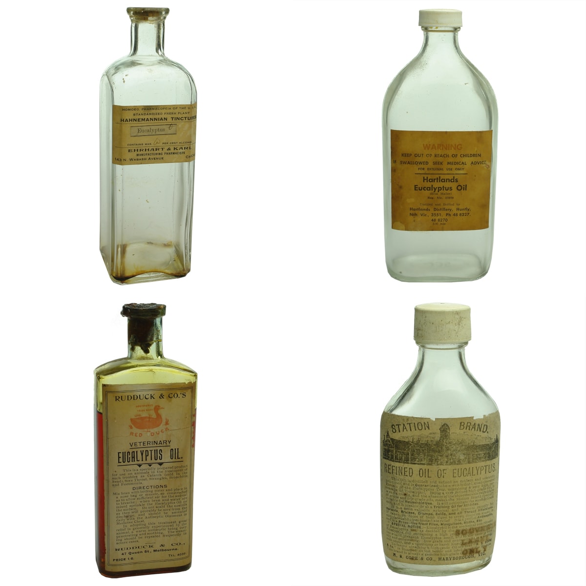 4 large Labelled Eucalyptus Bottles: Ehrart & Karl, Chicago; Hartlands Eucalyptus Oil, Huntly; Ruddock & Cos Veterinary Eucalyptus Oil, Melbourne; H. S. Cope & Co, Station Brand, Maryborough (Souvenir Label Only)