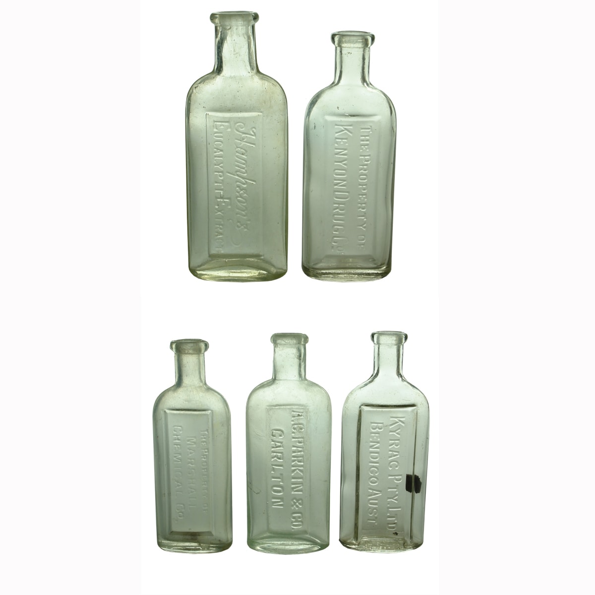 5 Eucalyptus Oils: Hampson's; A. C. Parkin & Co Carlton; Kyrac Pty Ltd Bendigo; Marshall's Chemical Co; Kenyon Drug Co. (Victoria)