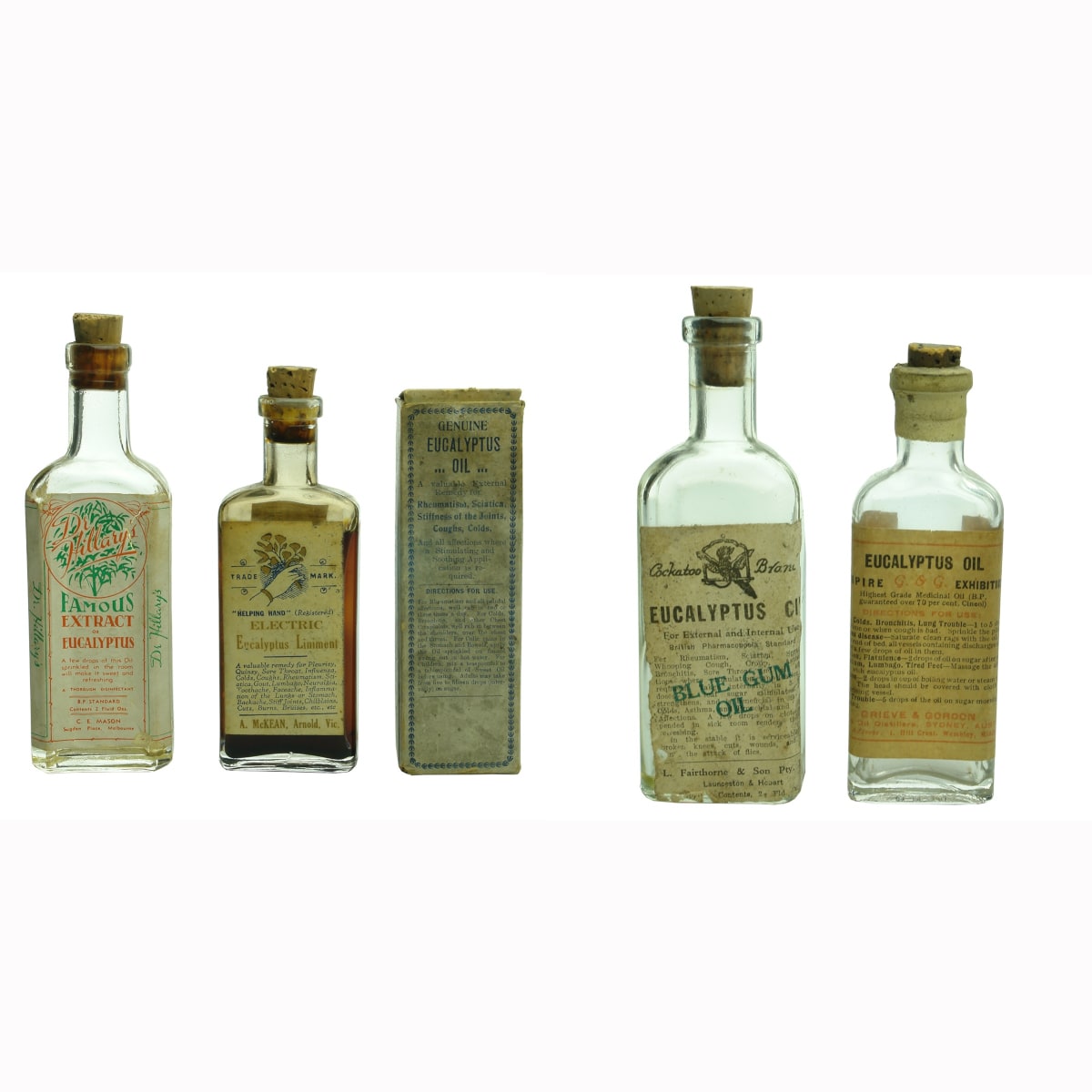 5 Labelled/Boxed Eucalyptus Oils: A. McKean, Arnold, Electric Eucalyptus Liniment; Grieve & Gordon; Cockatoo Brand. L. Fairthorne & Son Launceston; Dr Hillary's, C. E. Mason Melbourne; Bon Accord Pty Co Erskineville, Pino Mentho, Alex Wilson & Co Sydney.