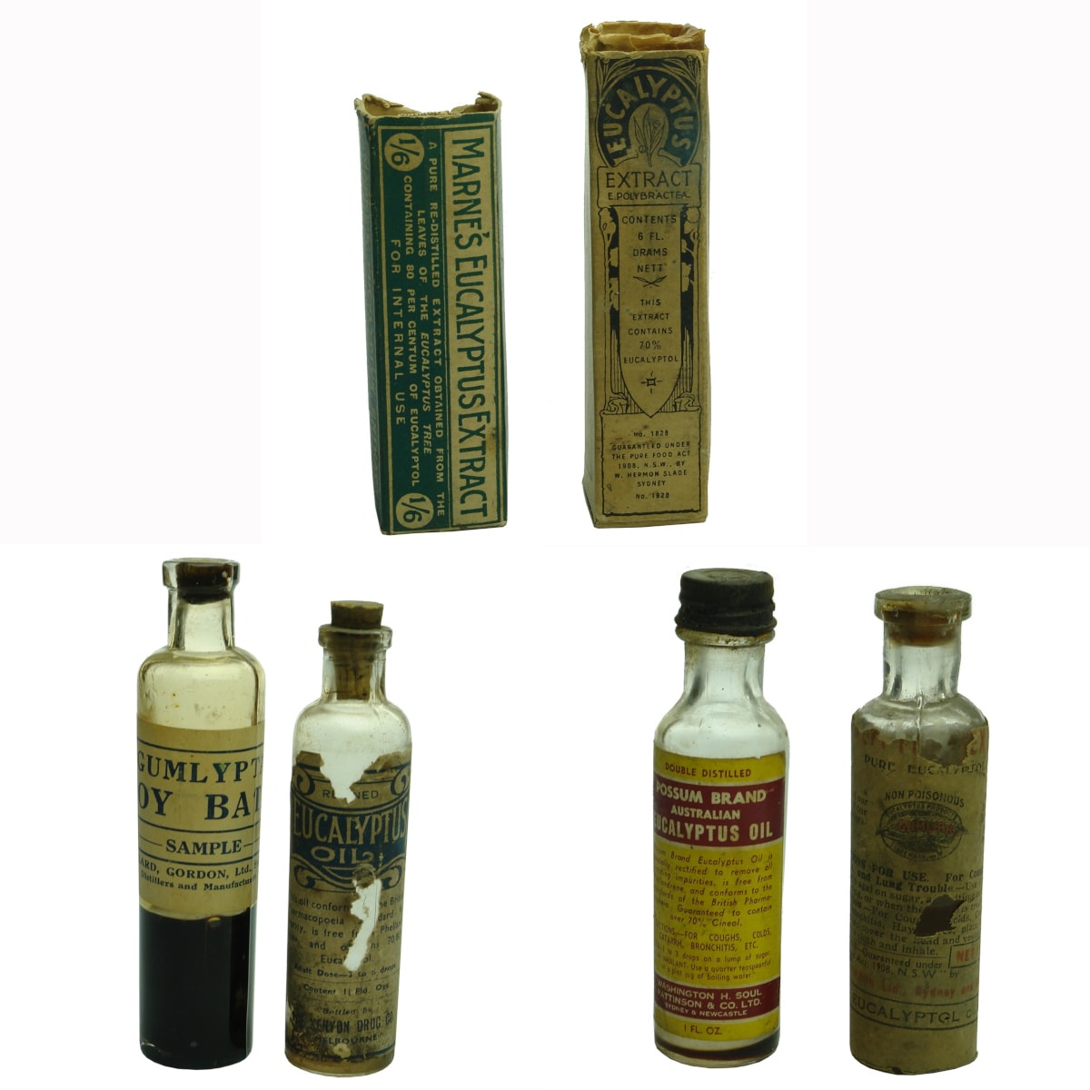 6 Eucalyptus Oil Vials with labels and packaging: Marne's Eucalyptus Extract; Kenyon Drug Co Melbourne; Gillard, Gordon Ltd x 2 different types; Possum Brand, Washington H. Soul Pattinson & Co Ltd; W. Hermon Slade, Sydney.
