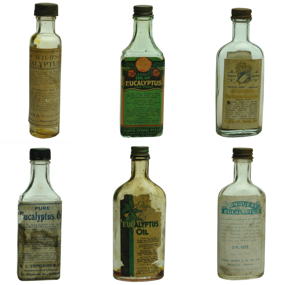 6 Screw top Eucalyptus Bottles with original labels: T. A. Wild, Ararat; Crofts Stores Pty Ltd; A. McKean, Arnold; R. S. Stephenson & Co., Hobart; G. J. Coles & Co Ltd; Hodge Moody & Co Lty Ltd.