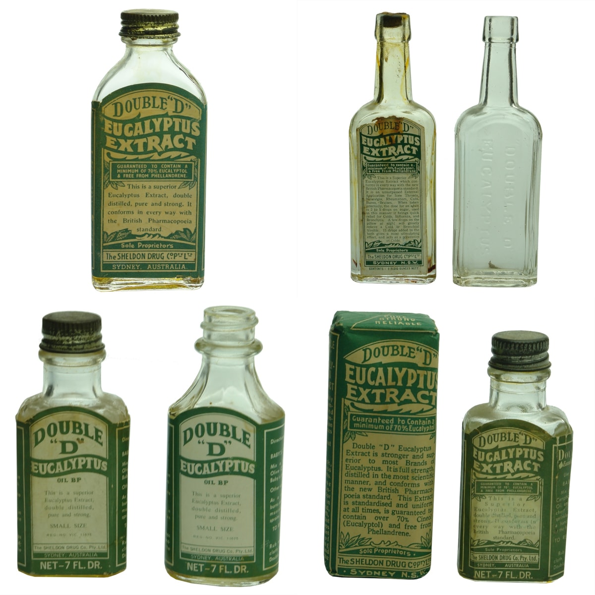 8 Double D Eucalyptus Extract Items. The Sheldon Drug Co Pty Ltd. Bottles, Labels, Pamphlet.