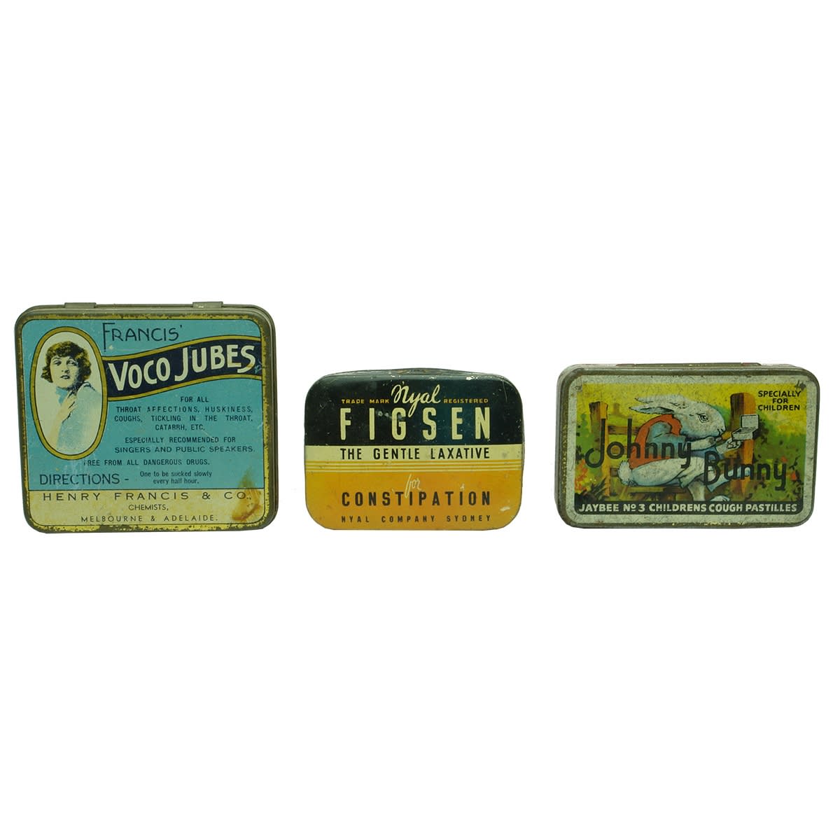 Chemist Tins. 1. Francis' Voco Jubes, Henry Francis & Co., Melbourne & Adelaide. 2. Nyal Figsen, Sydney. 3. Johnny Bunny, Jaybee No 3 Childrens Cough Pastilles.