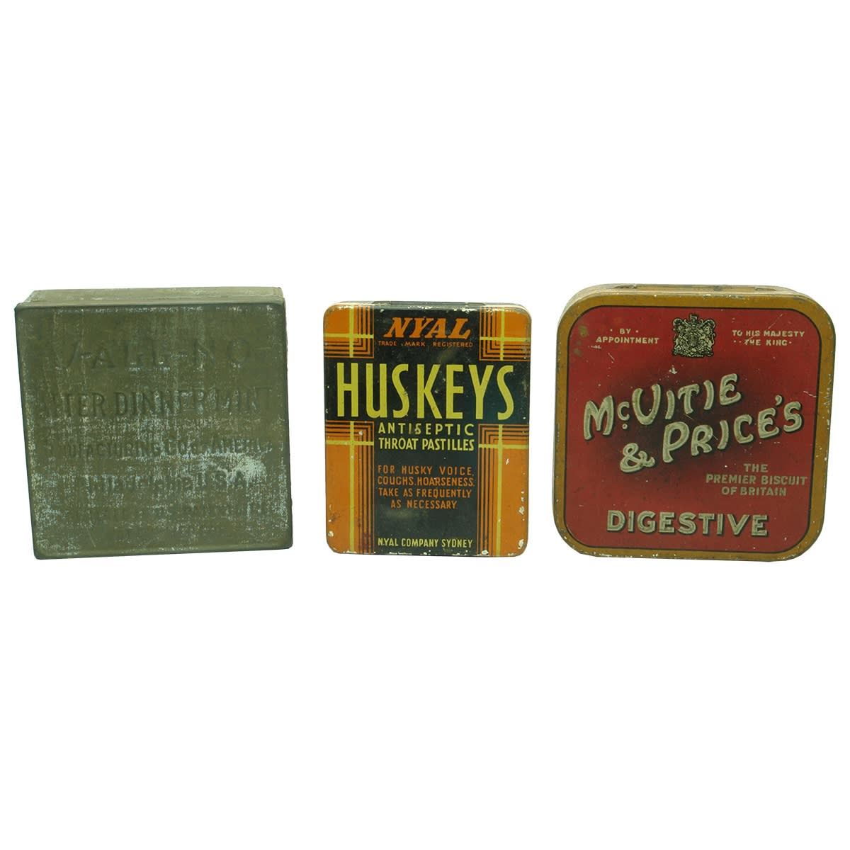 Chemist Tins. 1. V-All-No After Dinner Mint Manufcaturing Co. of America, Philadelphia. Early patented embossed tin. 2. Nyal Huskeys Antiseptic Throat Pastilles, Sydney. 3. McVitie & Price's Digestive Biscuit Tin.