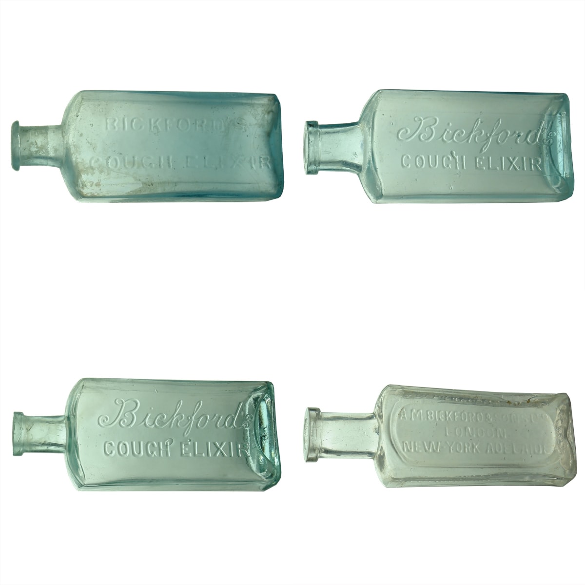 4 Different Bickfords Bottles: 3 x different Cough Elixirs; A. M. Bickford & Sons, London, New York, Adelaide. (South Australia)