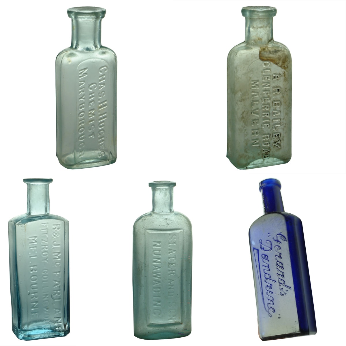 5 Chemist types: Chas Hughes Maryborough; A. R. Bailey, Malvern; McFarlane Fitzroy Collingwood; Slater & Son Nunawading; Gerard's Dandrine. (Victoria & Queensland)