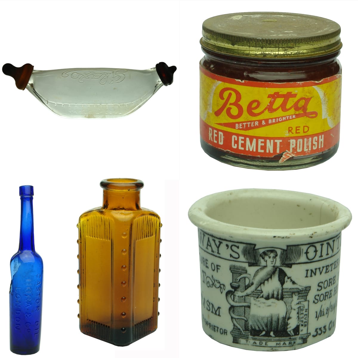 5 Items: Glaxo Feeder; Hora & Co Castor Oil; Betta Red Cement Polish; Wellcome Chemical Works Amber bottle; Holloways Oxford St Pot.