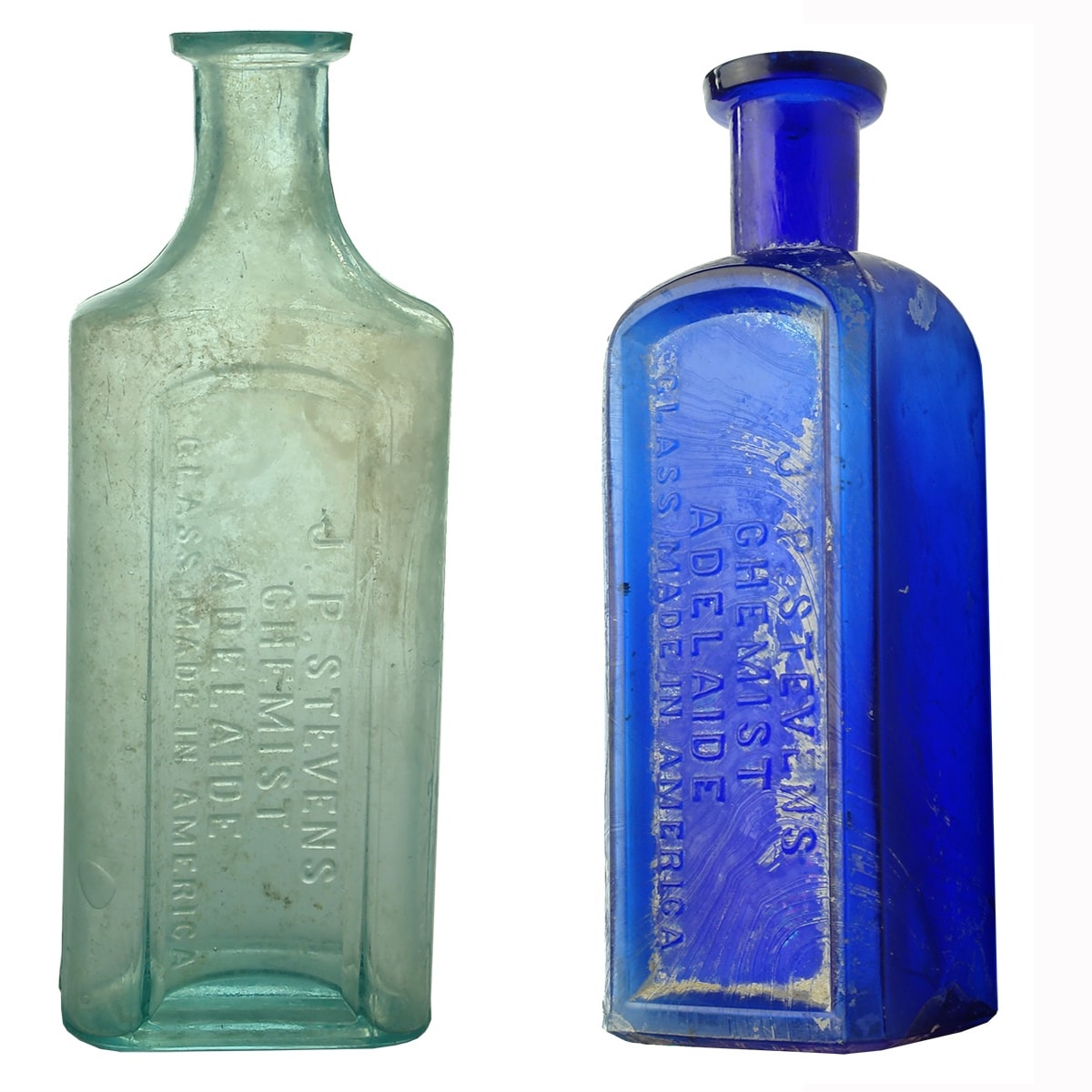 2 Chemists: Both large sized J. P. Stevens, Adelaide. Aqua (173 mm) & Cobalt Blue (160 mm). (South Australia)