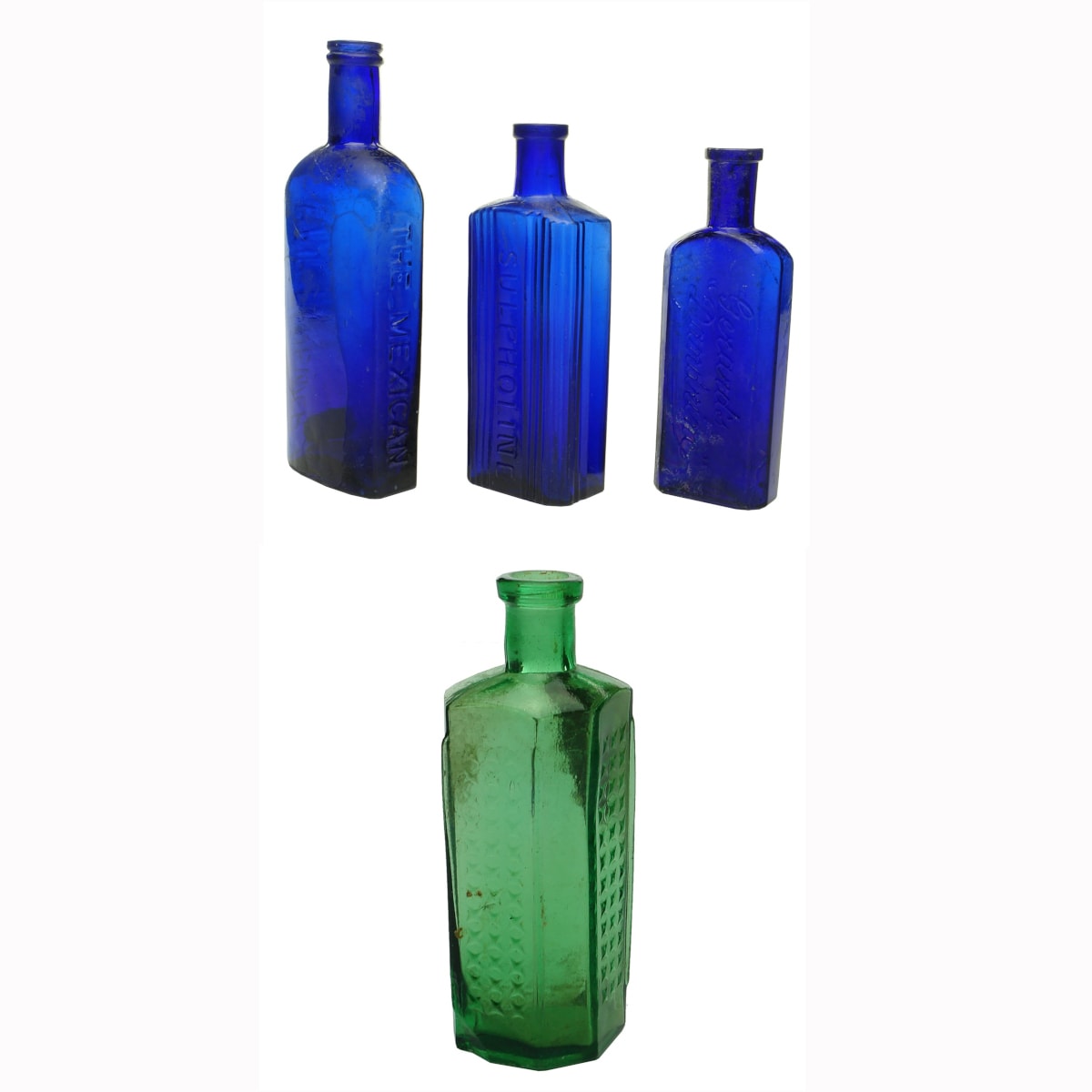 4 bottles. Cobalt Skin & Hair Lotions + Green Poison: The Mexican Hair Renewer; Sulpholine; Gerard's Dandrine; Bright Green Irregular hexagon.