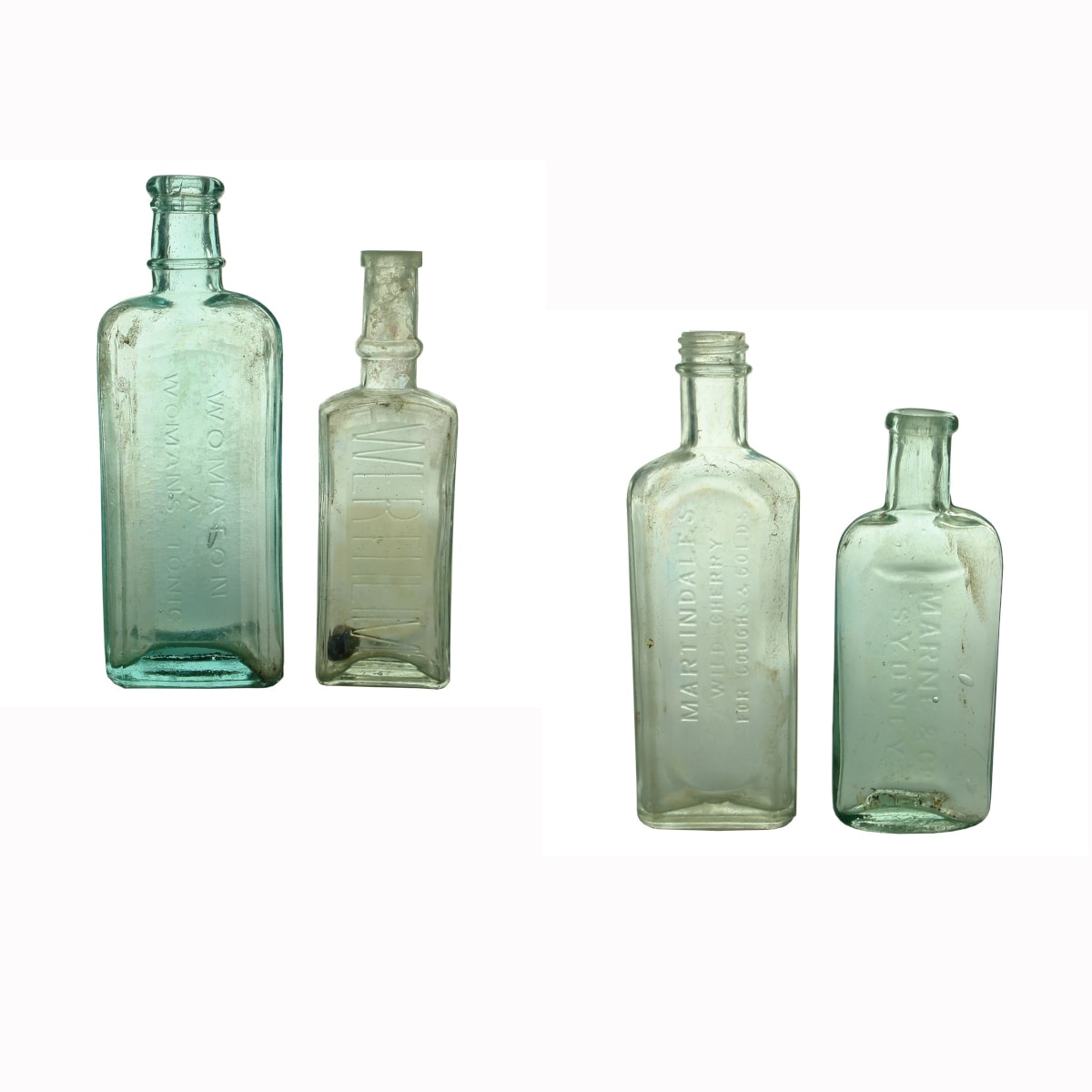 4 Medical & More bottles: Womaton, A Womans Tonic; Wertheim (sewing machine oil); Martindale's Wild Cherry; Marne & Co, Sydney.