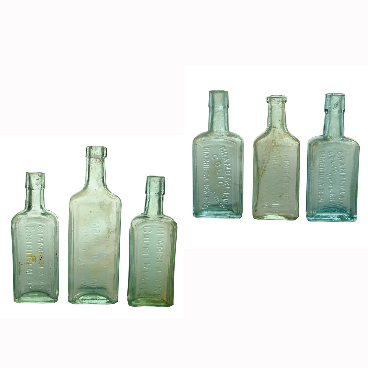 6 different Chamberlains bottles. Cough Remedy; Colic & Diarrhoea Remedy etc.