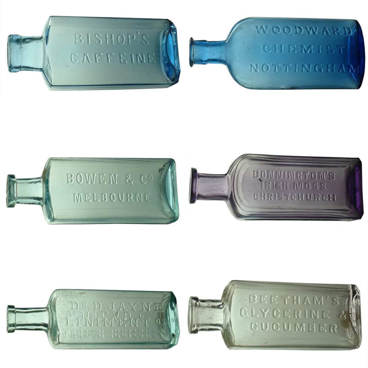 6 Medicines/Cures: Bishop's Caffeine; Woodward, Nottingham; Bowen & co Melbourne; Bonnington's Irish Moss; Dr. D. Jayne Liniment; Beetham's Glycerine & Cucumber.