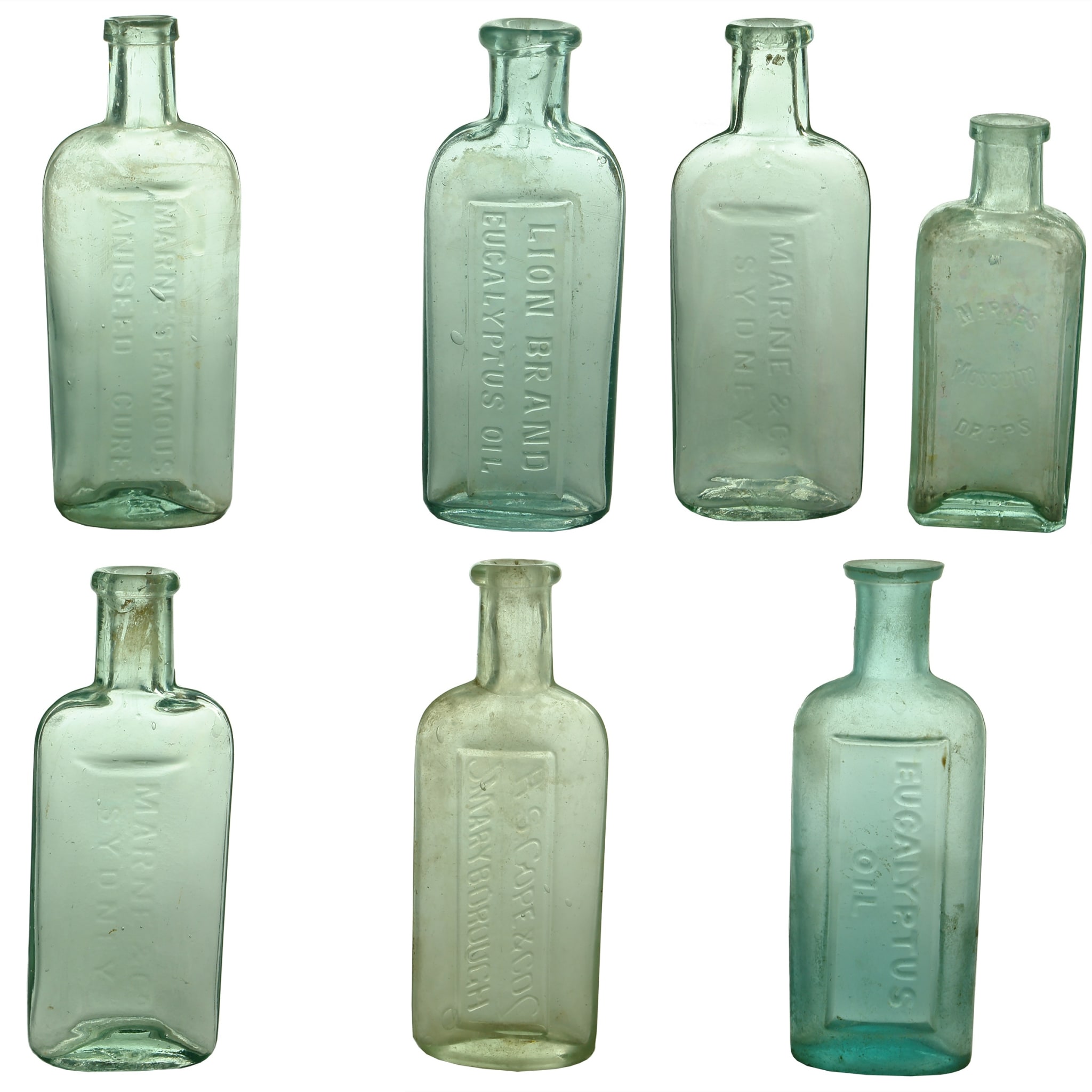 7 Medicines: Marne's Aniseed Cure; Marne's Mosquito Drops; 2 x Marne & Co Sydney; Lion Brand Eucalyptus Oil; H. S. Cope & Co Maryborough; Eucalyptus Oil, H base mark.