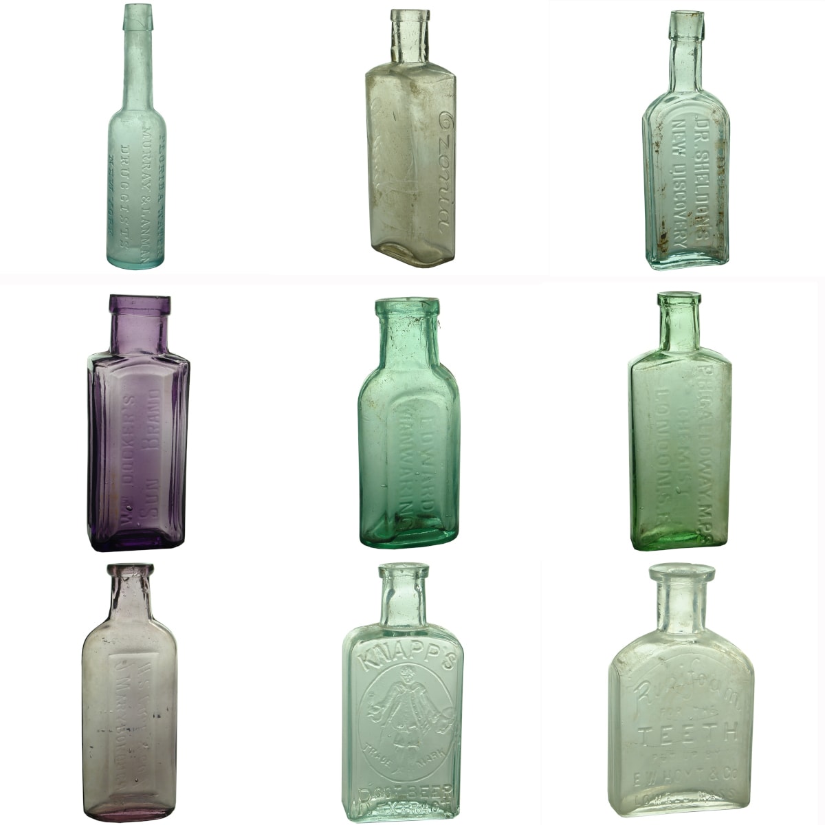 9 Small Bottles: Florida Water; Ozonia; Dr Sheldon's; Docker's Sun Brand; Edward Manwaring; Galloway; H. S. Cope & Co; Knapp's Root Beer Extract; Rubifoam.