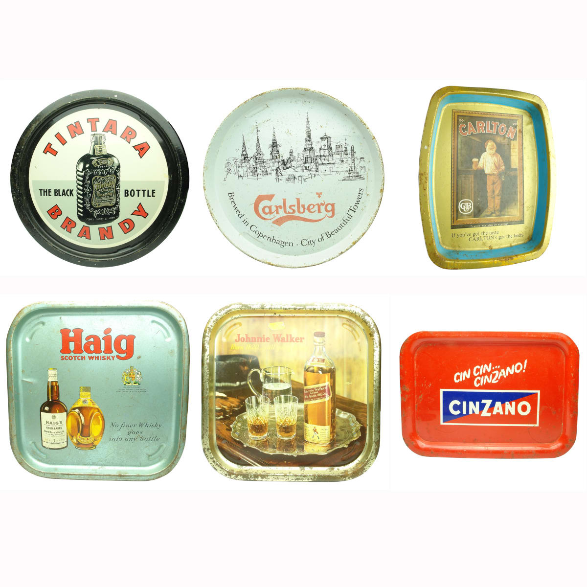 6 Printed Tin Serving Trays. Tintara Brandy; Carlsberg; Carlton United; Haig Whisky; Johnnie Walker; Cinzano.