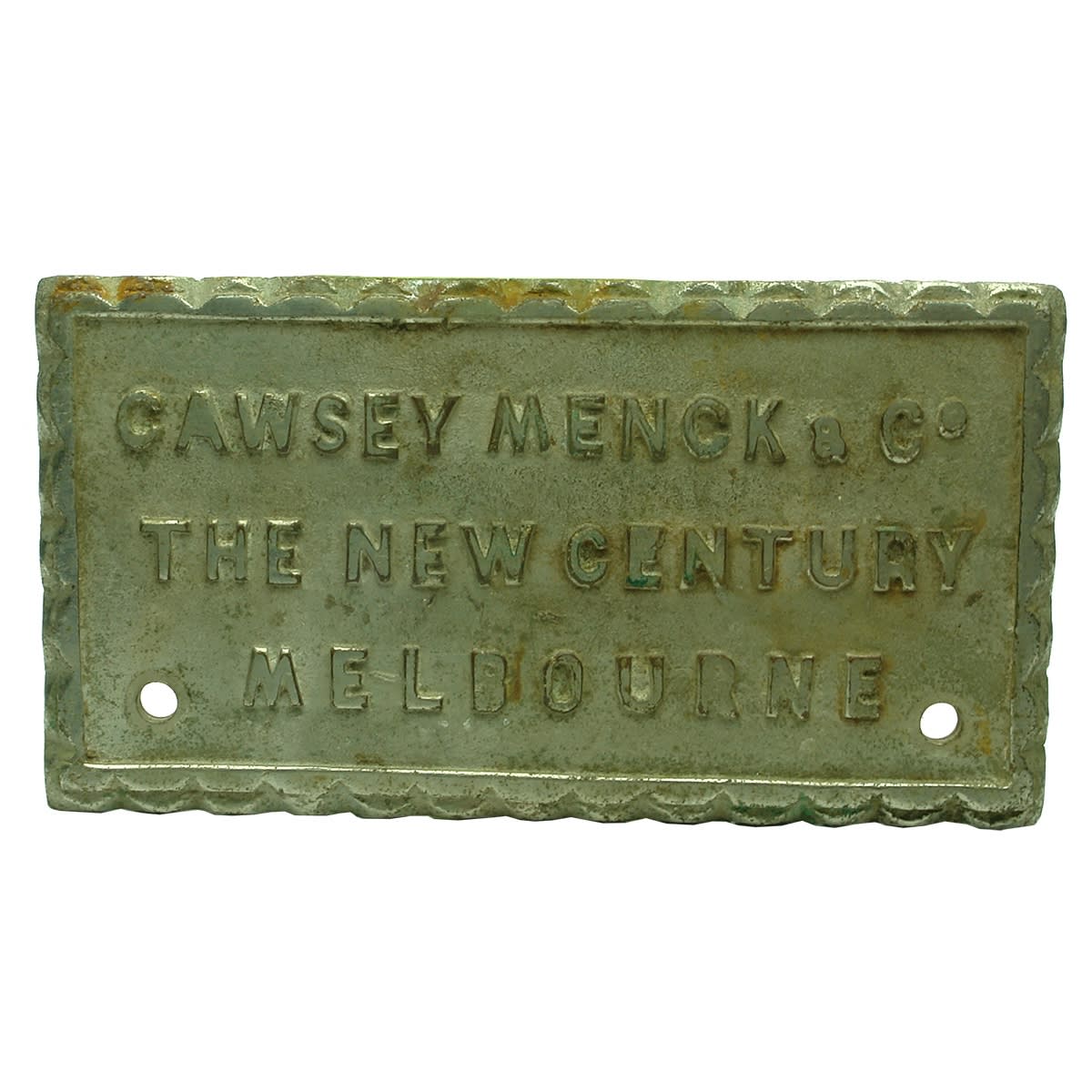 Fancy metal name plate. Cawsey Menck & Co, The New Century, Melbourne. (Victoria)