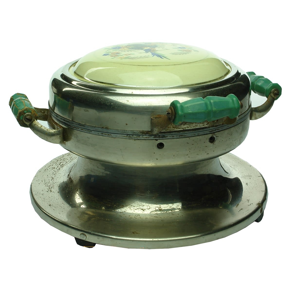 Miscellaneous. Ornate Electric Waffle Iron. Painted Porcelain Lid with Parrot on Swing.