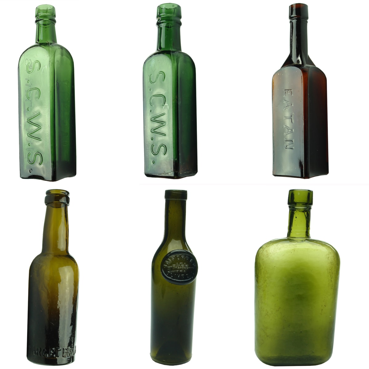 6 Coloured Bottles: 2 x SCWS Shieldhall Coffee Essences; Eatan fancy amber bottle; Target Brand; Imported Olive Oil applied seal; Plain Green whisky flask.