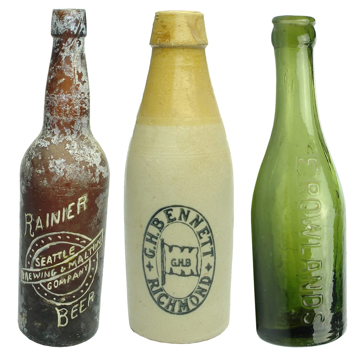 3 Bottles: Rainier Brewing & Malting Co Seattle; G. H. Bennett Richmond Ginger Beer; E. Rowlands green spun top crown seal.