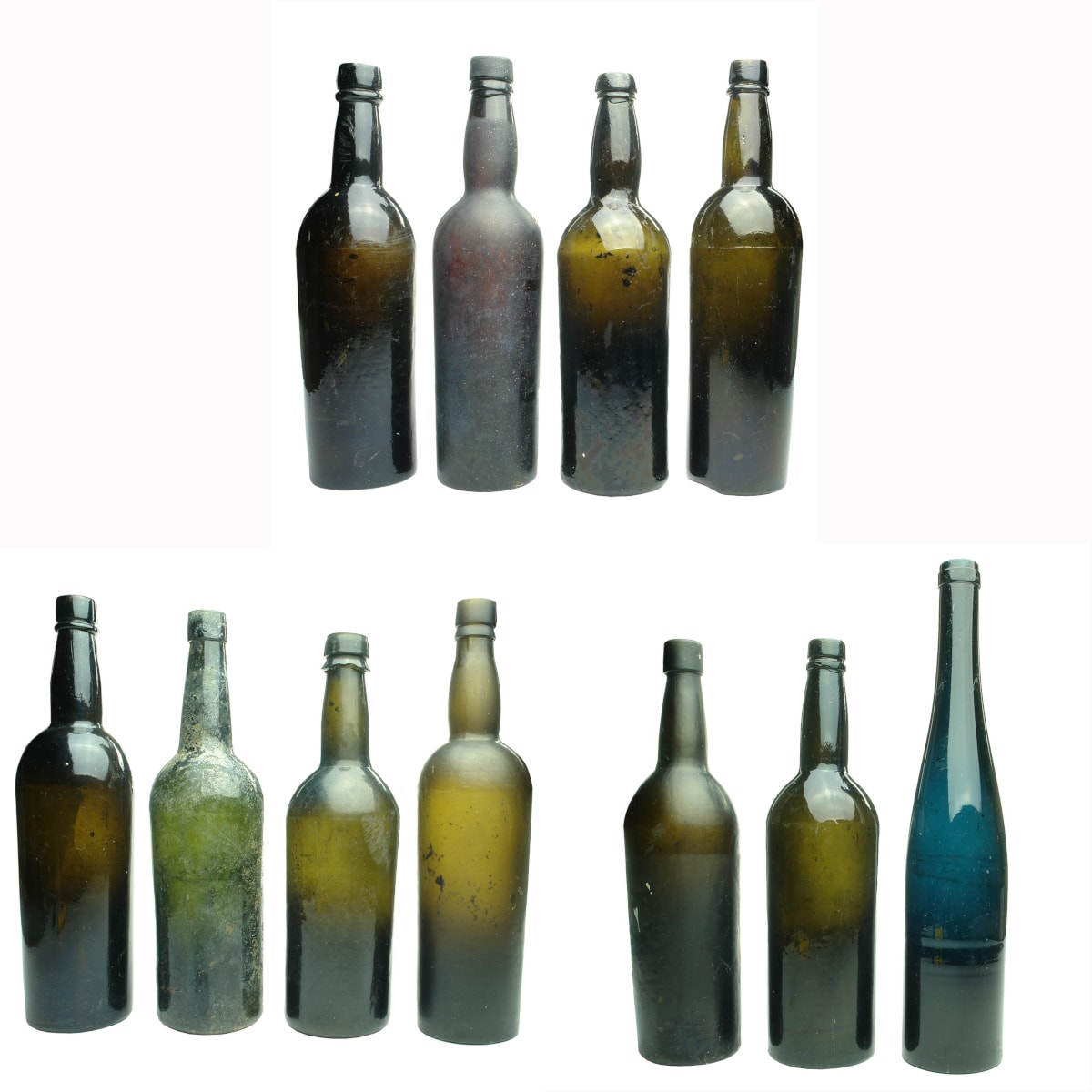 11 Bottles: 10 plain blacks (one base embossed Cooper & Wood Portobello); Blue Glass Hock Wine.