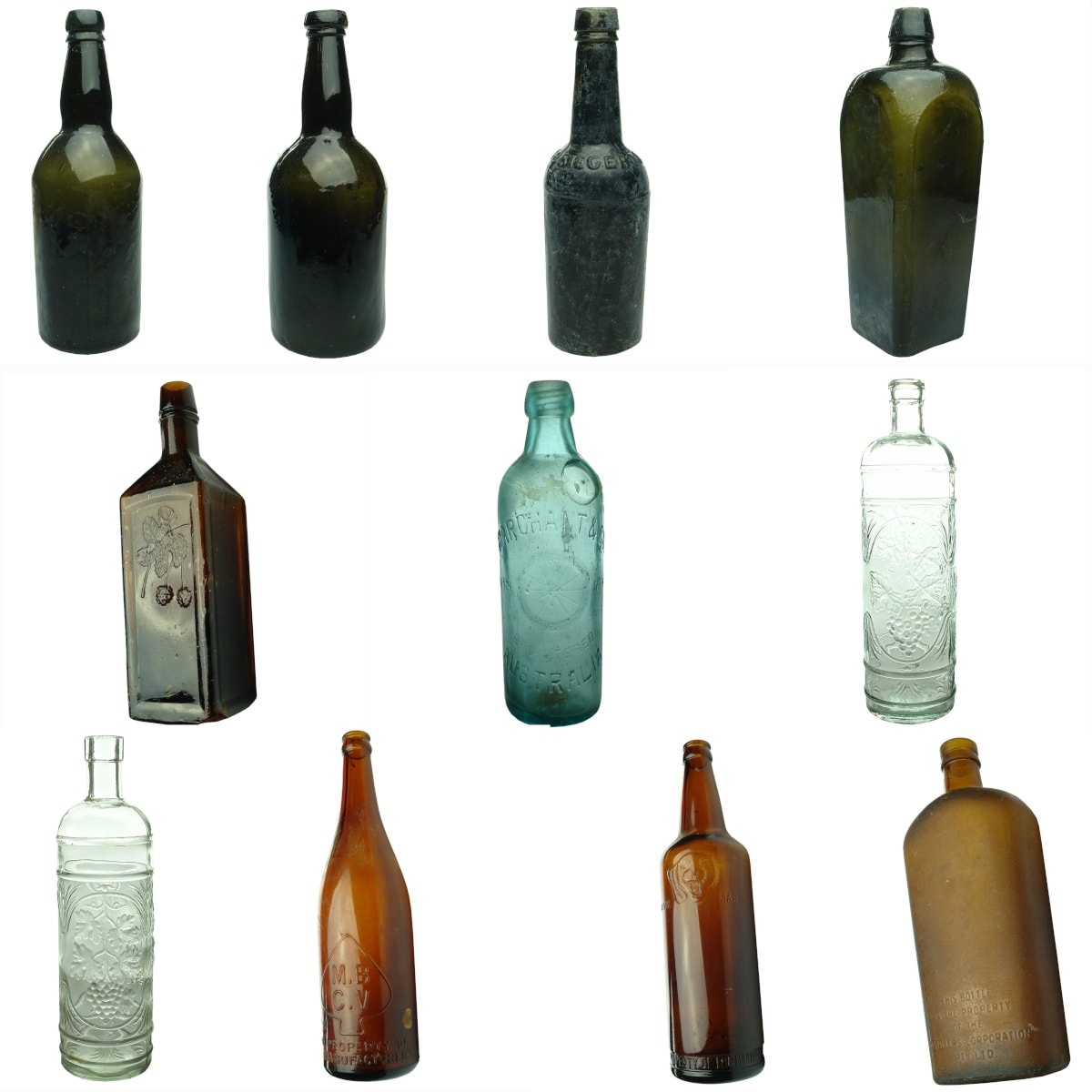 11 Bottles: Plain Blacks; Dr Soule (hole in front base corner); Marchant with big chip; Modern decorator bottles; MBCV; Richmond Brewery; Siegert Bitters; etc.