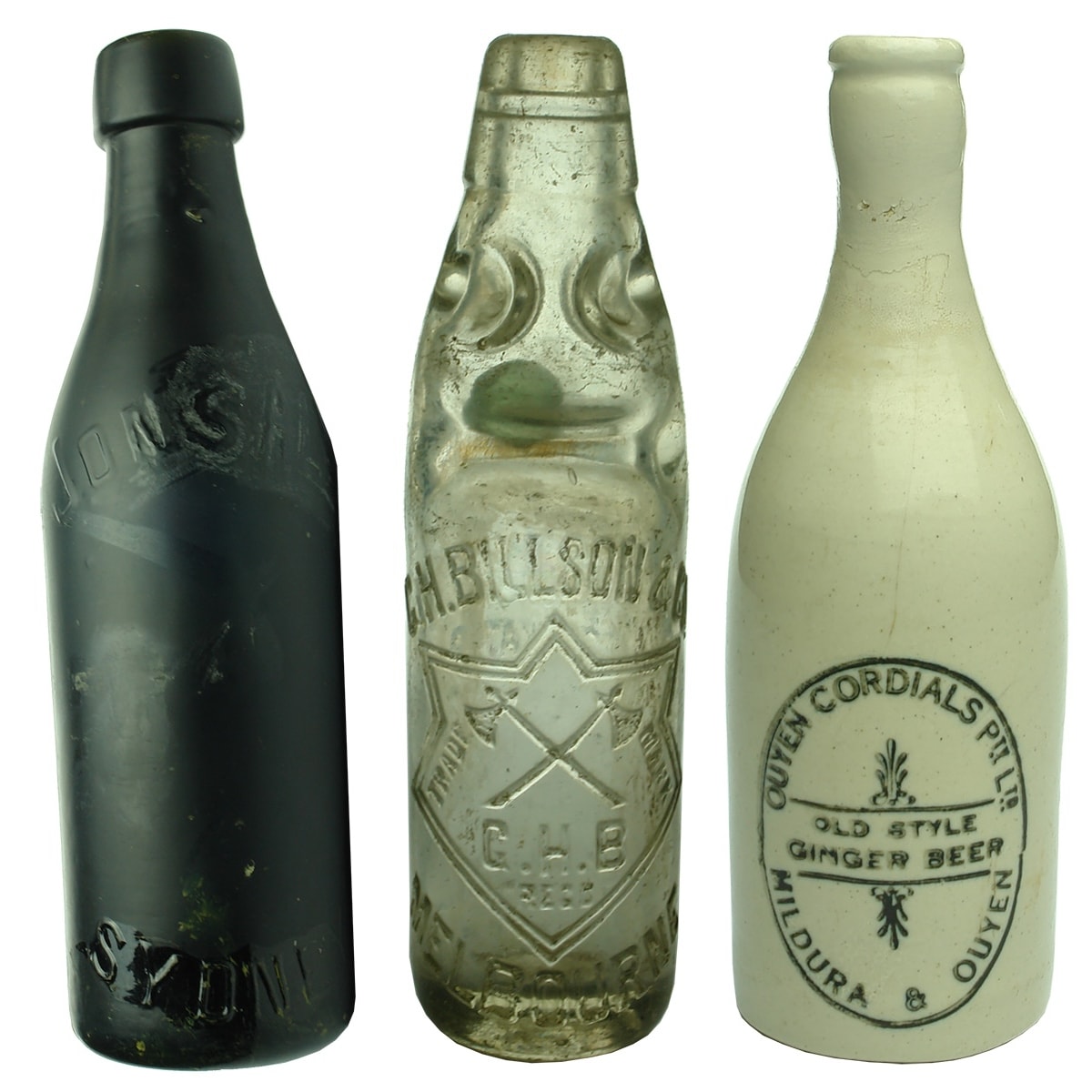 3 Bottles: Jons Ale Sydney Internal Thread; G. H. Billson & Co Melbourne Codd; Ouyen Cordials Pty Ltd Mildura & Ouyen Ginger Beer.