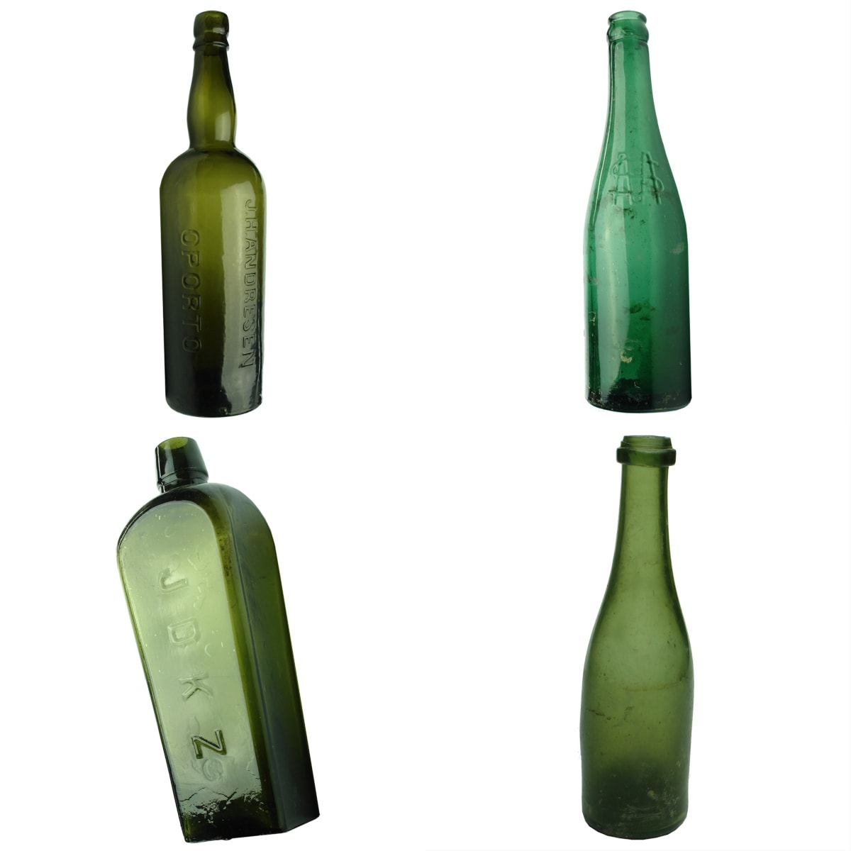 4 Green Bottles: J. H. Andresen Oporto; SM Monogram Manila crown seal; Small JDKZ Gin; Very small ring seal champagne.