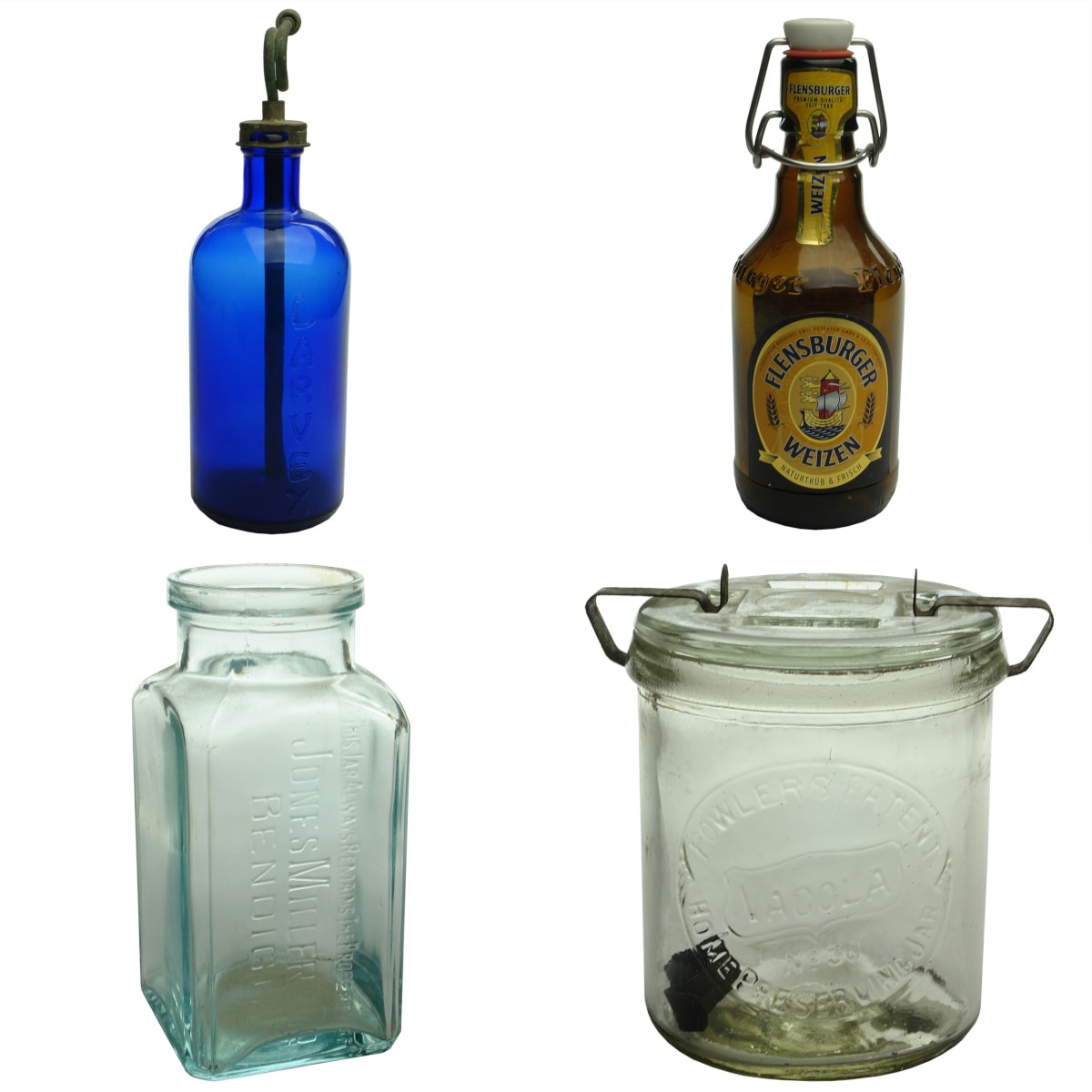 4 Jars/Bottles: Cobalt "Larvex" with original copper sprayer; Flensburger Lager; Jones Miller Bendigo jar; Fowlers Vacola No 30 with 3 clips.