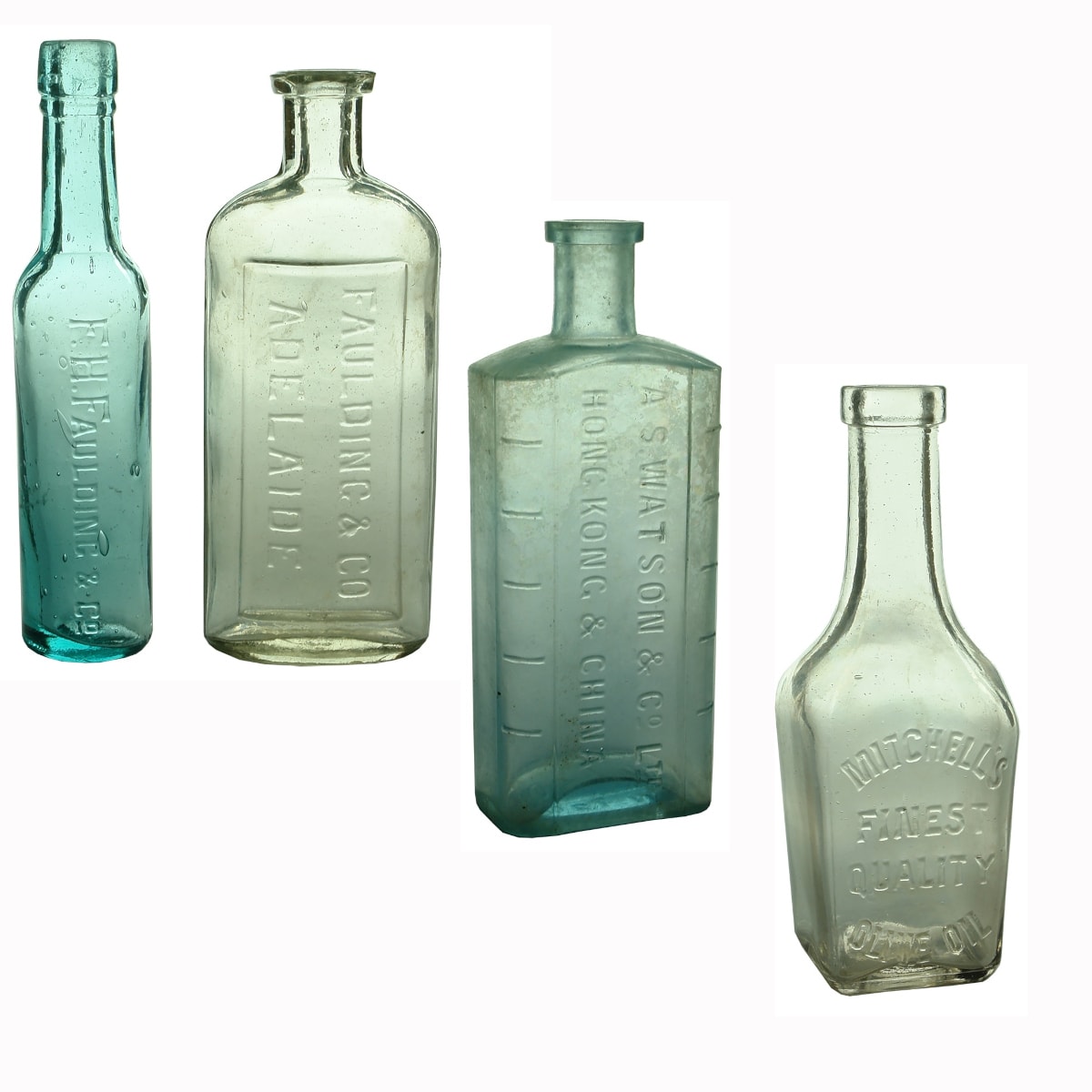 4 Small Bottles: F. H. Faulding & Co; Faulding & Co Adelaide; A. S. Watson & Co Ltd Hong Kong & China; Mitchell's Olive Oil.