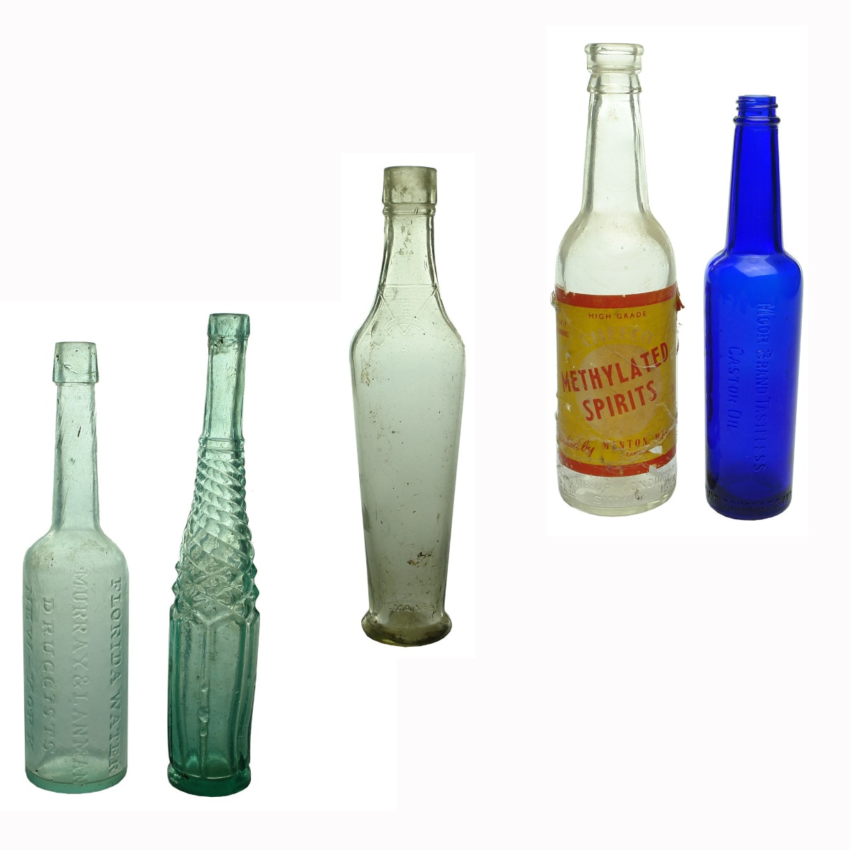 5 Bottles: Murray & Lanman Florida Water; Half Whirly Salad Oil; Estee, S. Tremaine & Co; PMU Sauce labelled for Cheeco Methylated Spirits; Moor Brand Castor Oil.