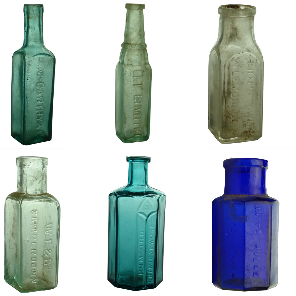 6 Bottles: McCarthy Rum; OT Sample Cordial; Eiffel Tower Extract; WF Co Camperdown; Rumfords; Jacob Hulle.