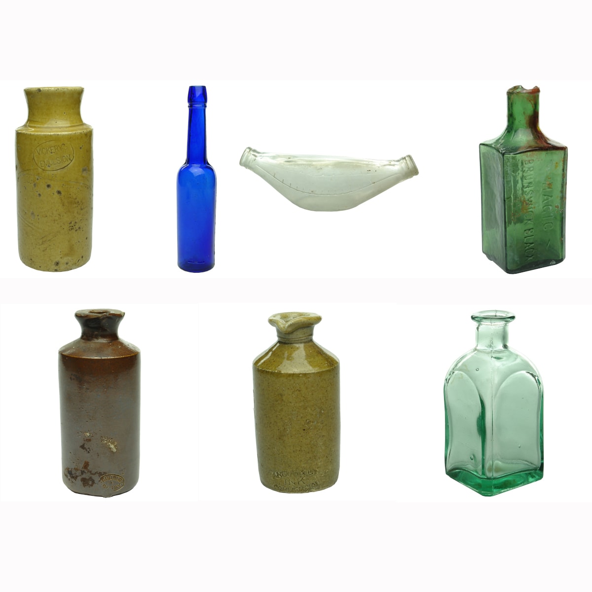 7 Bottles: Vickerys Emulsion (glued together!); Castor Oil; Unbranded baby feeder; Magic Brunswick Black; 2 Stone Inks; Modern bottle.