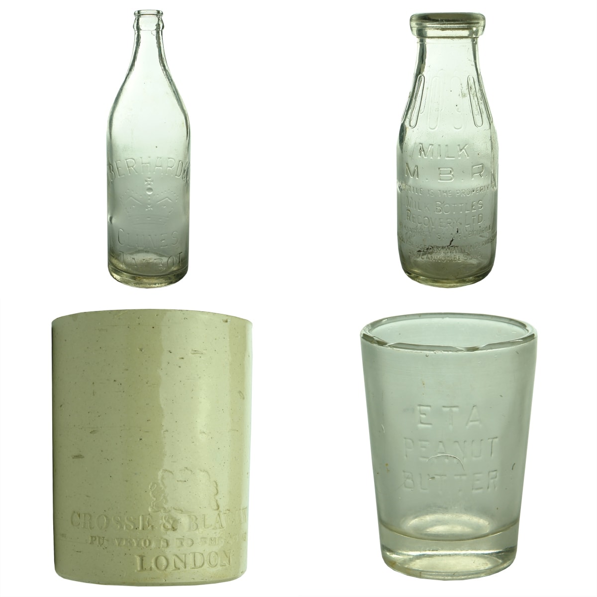4 Items: Eberhard & Co Clunes & Talbot crown seal; MBR Milk; Crosse & Blackwell stone jar; Eta Peanut Butter measuring glass.