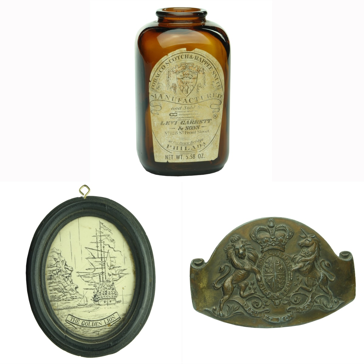 3 later items made to look old: Amber glass snuff jar with ye olde label; The Golden Lion carving on "bone" (plastic); Heavy brass buckle with Royal Coat of Arms.