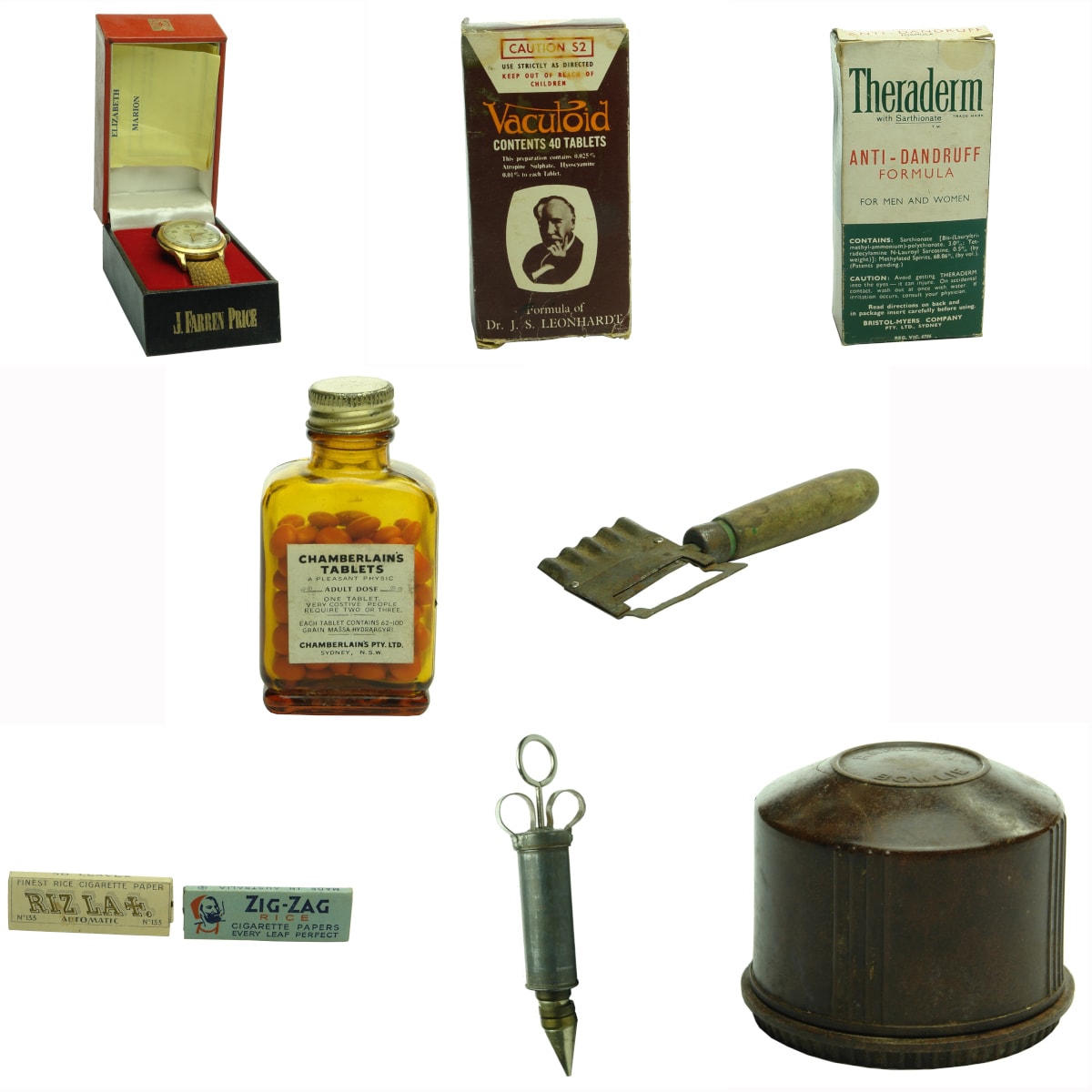 9 Mixed Items: J. Farren Price case with watch and receipt dated 1978; 3 different medical packages; A slicer; Early cigarette papers; Piping syringe; Bakelite container.